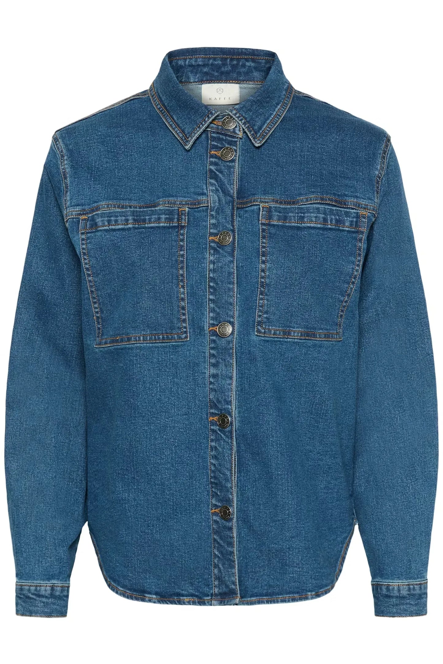 Women's blue denim shirt with button front and chest pockets, casual fashion top