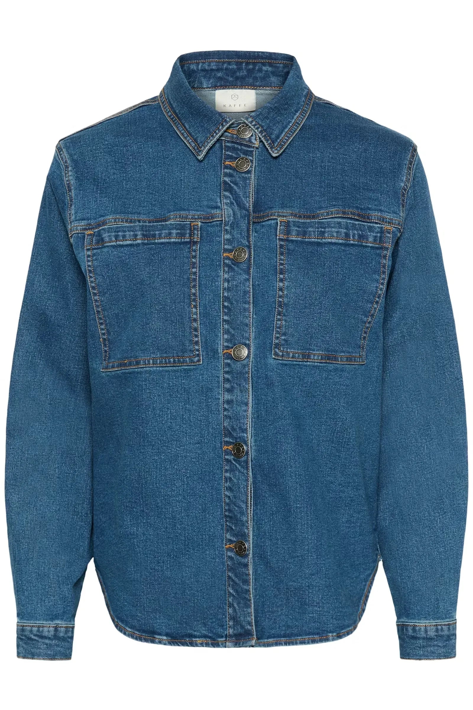 Women's blue denim shirt with button front and chest pockets, casual fashion top