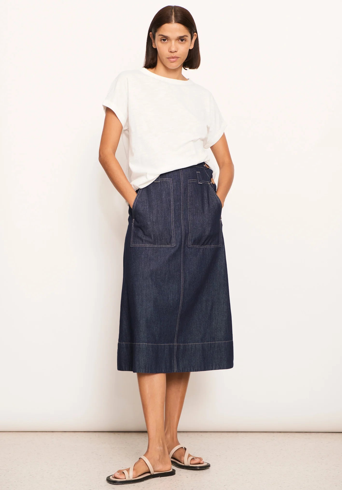 POL Clothing Raydel Denim Skirt in Dark Wash