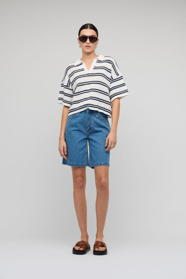 Staple the Label Solstice Knit Polo Top White/Navy Stripe