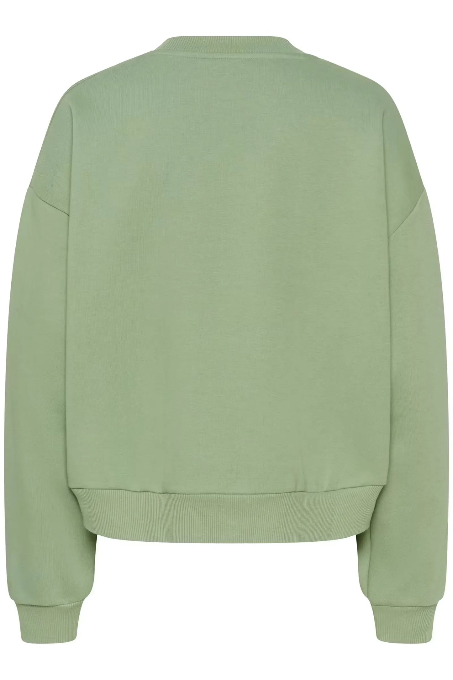 Sage green oversized women's sweatshirt with ribbed cuffs and hem, back view