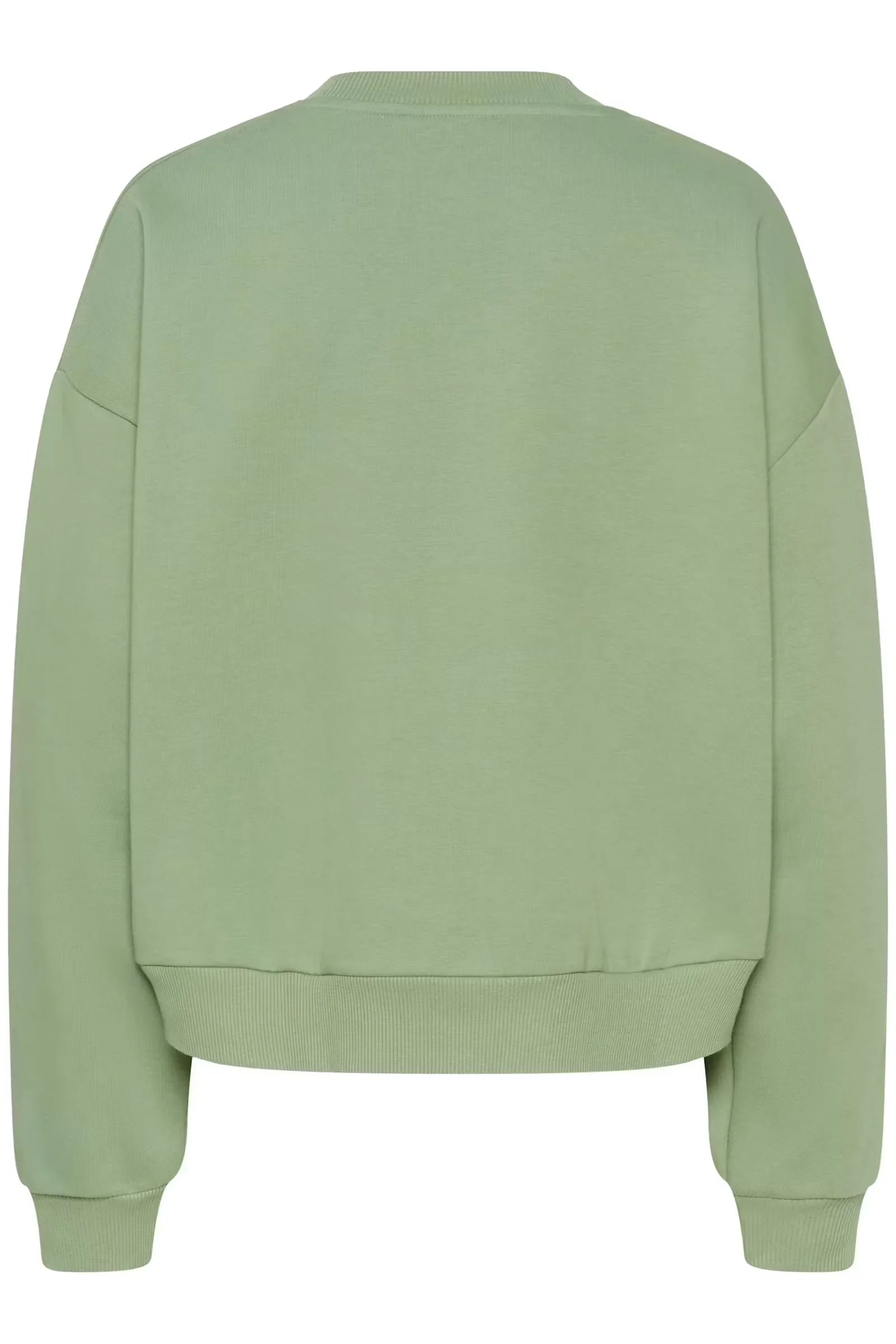 Sage green oversized women's sweatshirt with ribbed cuffs and hem, back view