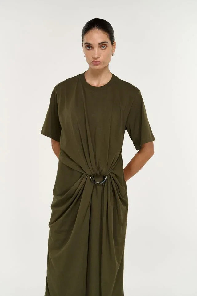 Woman wearing a STAPLE THE LABEL Tovae Draped Midi Tee Dress in olive green