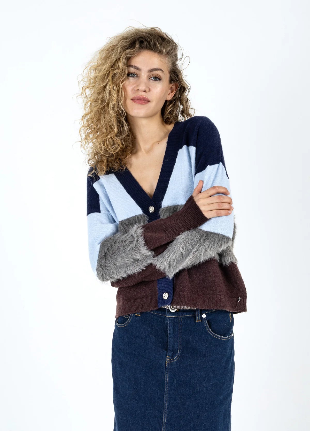 Coster Colourblock Knit Cardigan with Furry Sleeves