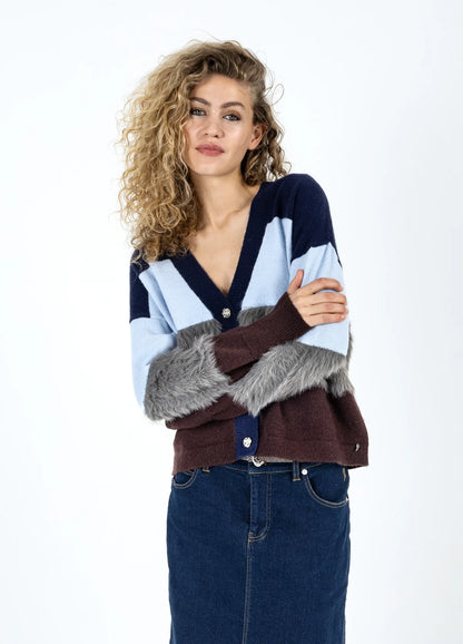 Coster Colourblock Knit Cardigan with Furry Sleeves
