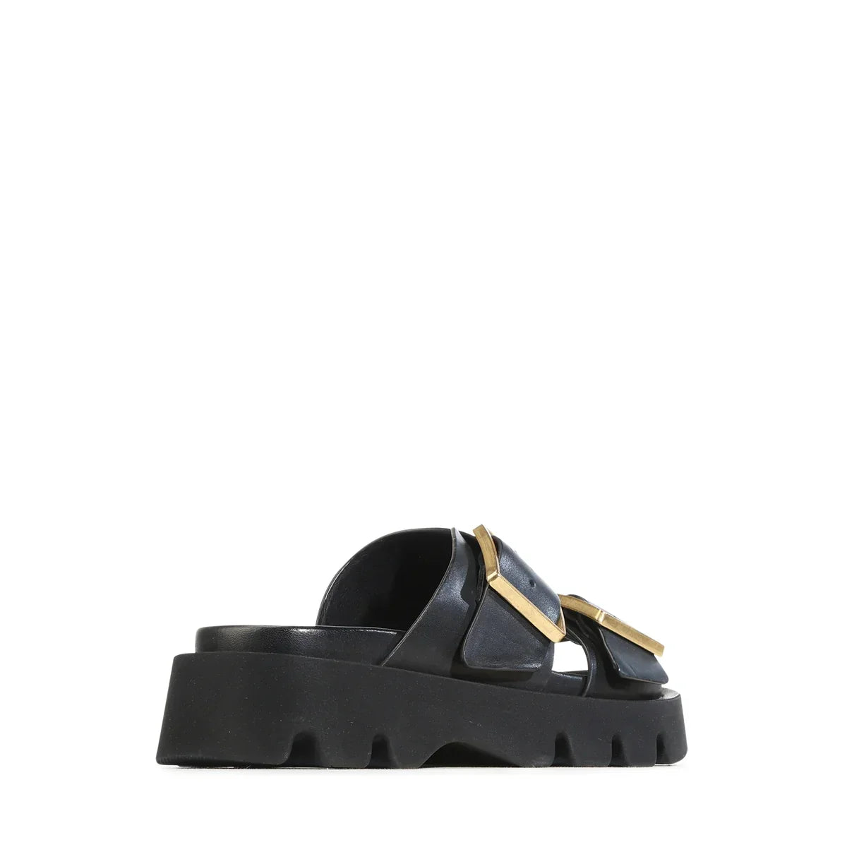 EOS Monni Slide in black leather with a chunky sole and gold-tone buckle