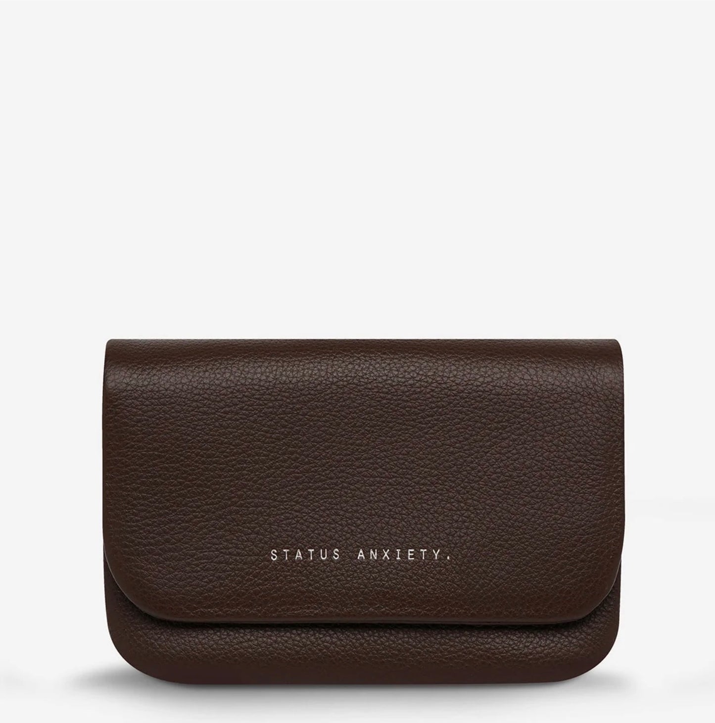 Brown pebbled leather clutch with 'STATUS ANXIETY.' logo, minimalist everyday accessory