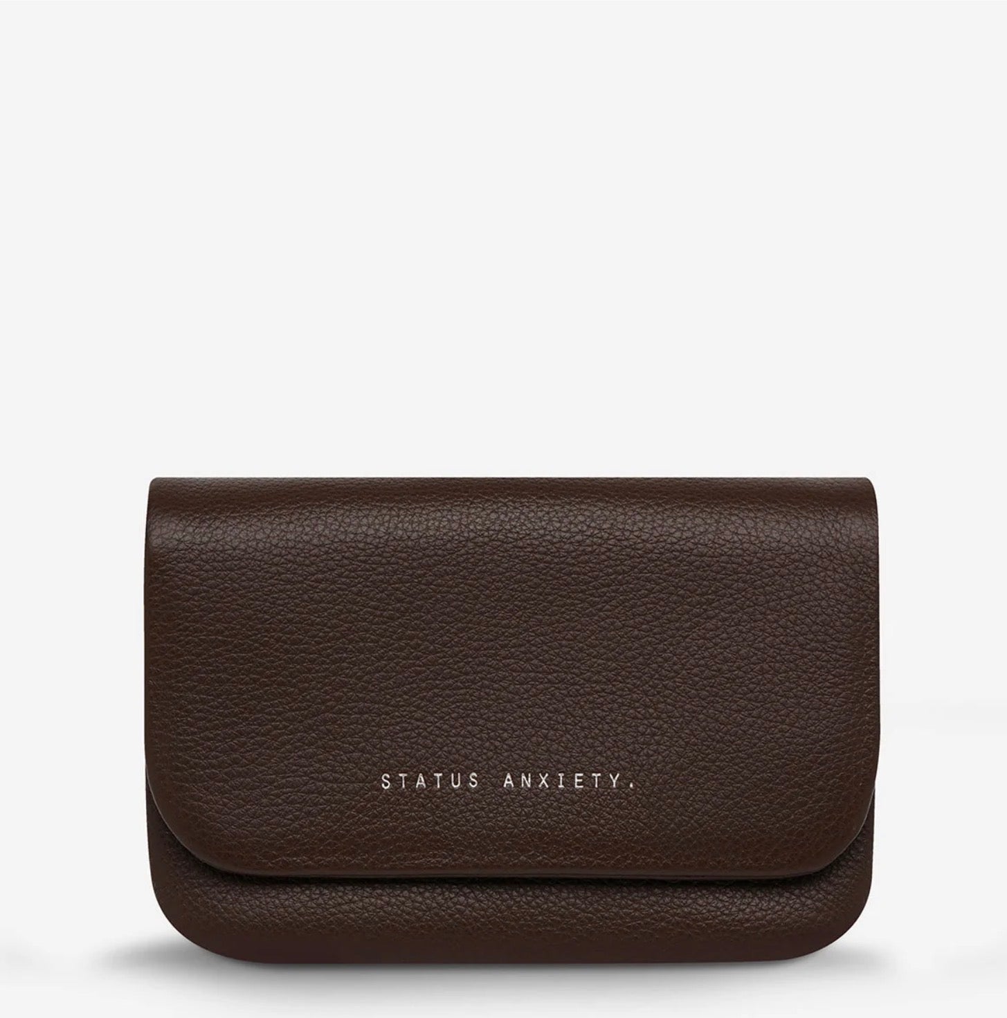 Brown pebbled leather clutch with 'STATUS ANXIETY.' logo, minimalist everyday accessory
