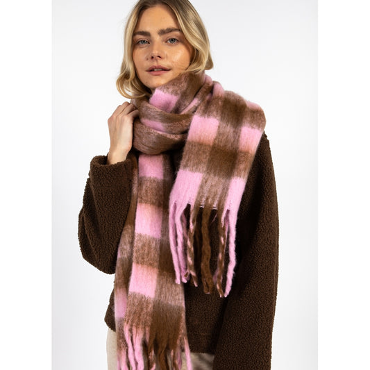 Woman wearing brown and pink plaid scarf and brown fleece jacket, The Tartan Fox fashion