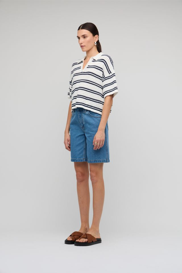 Staple the Label Solstice Knit Polo Top White/Navy Stripe