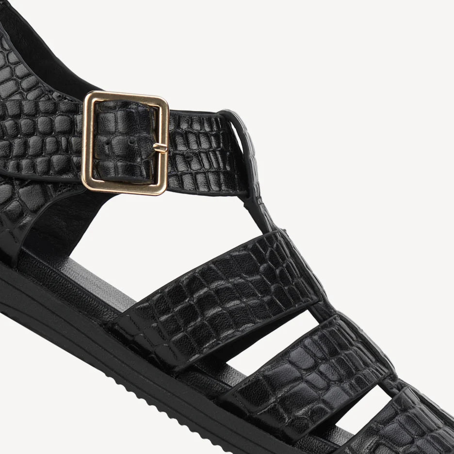 Rollie Fisherman Sandal in Black Embossed Leather