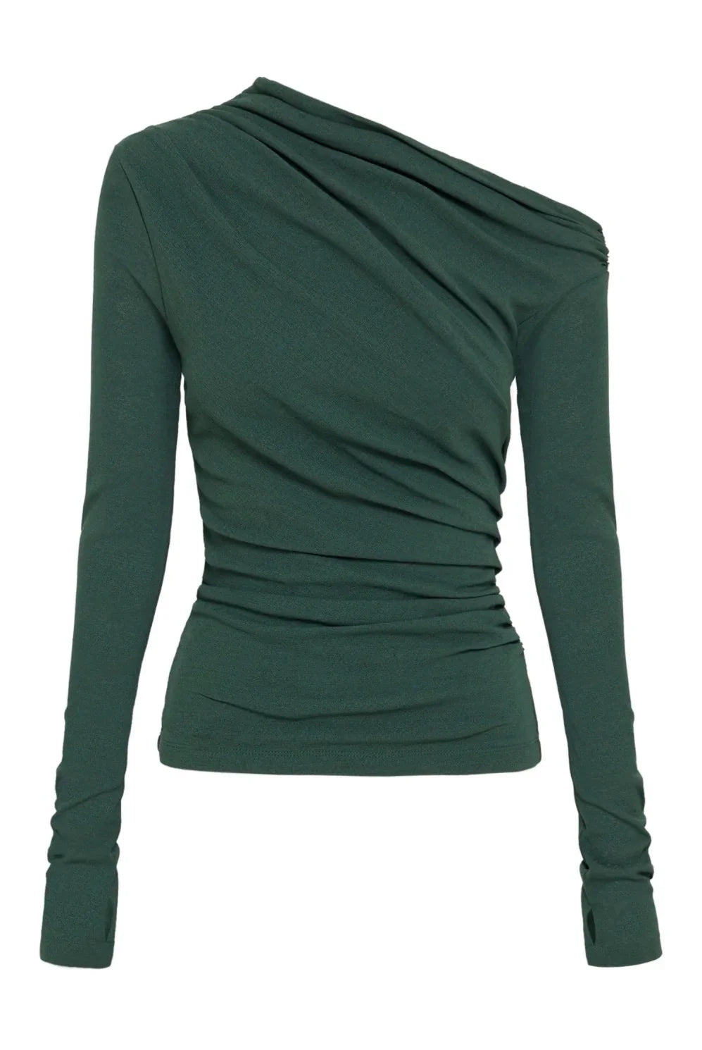 Dark green long sleeve women's top with ruched detailing and asymmetric neckline