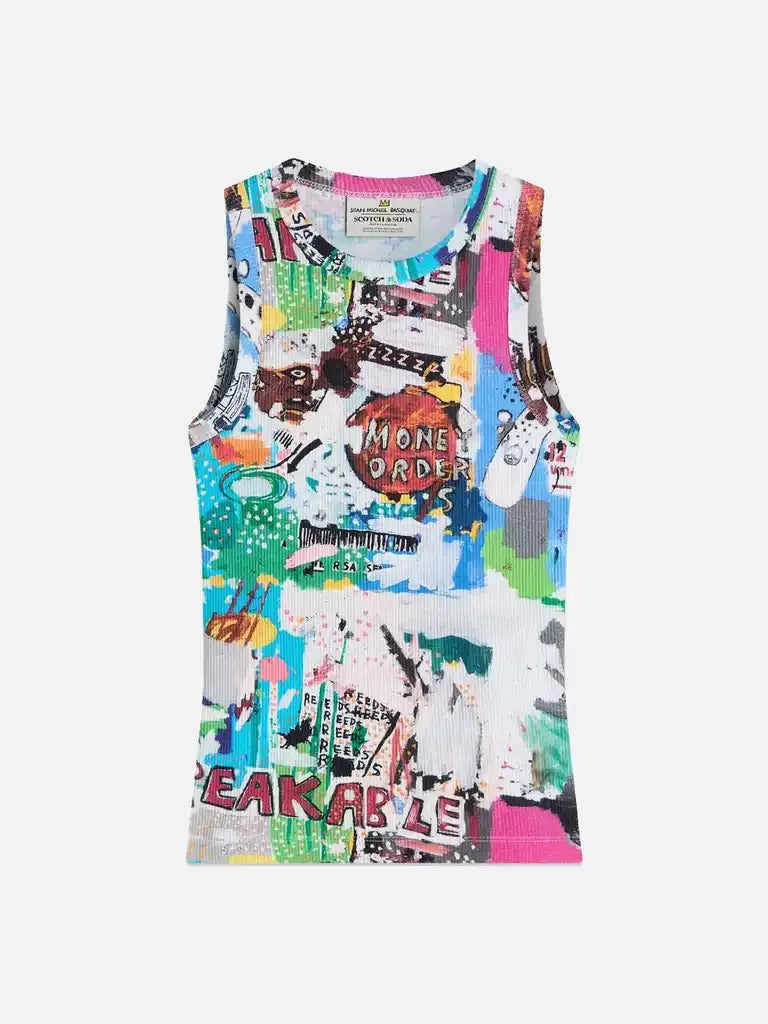 Colorful graphic print sleeveless top with bold text and abstract designs