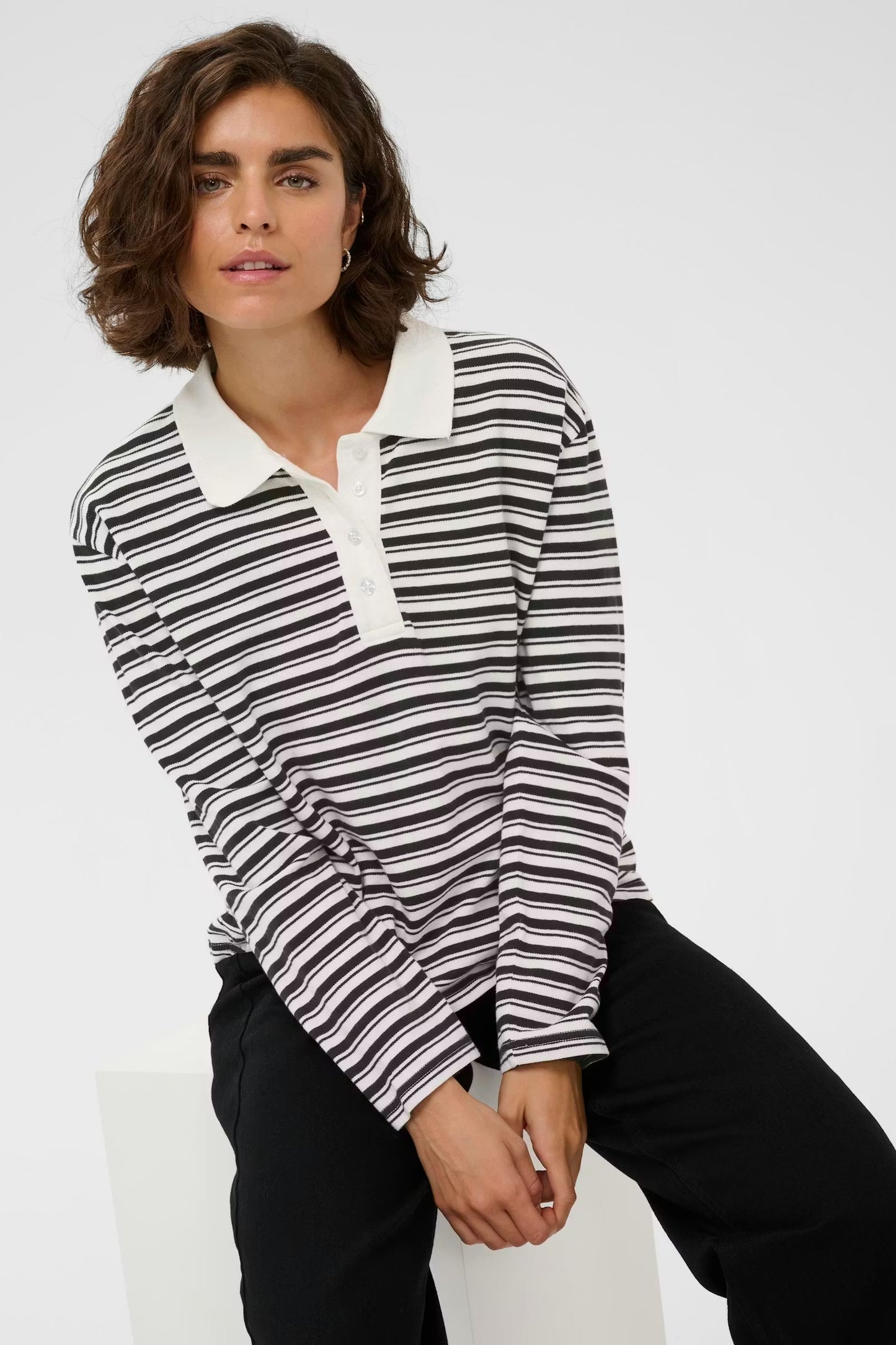 Kaffe KAmiala Polo L/S T-Shirt Black and White Stripe