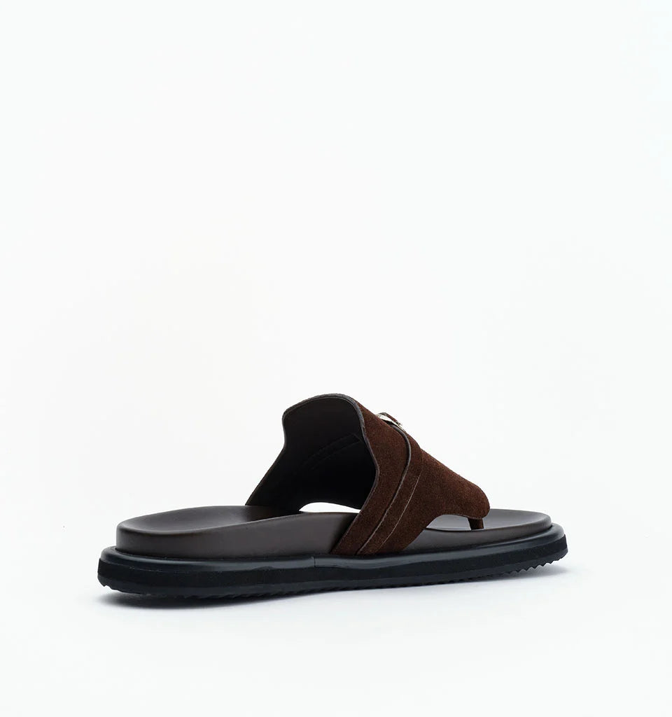 Brown suede thong sandals with a thick black sole