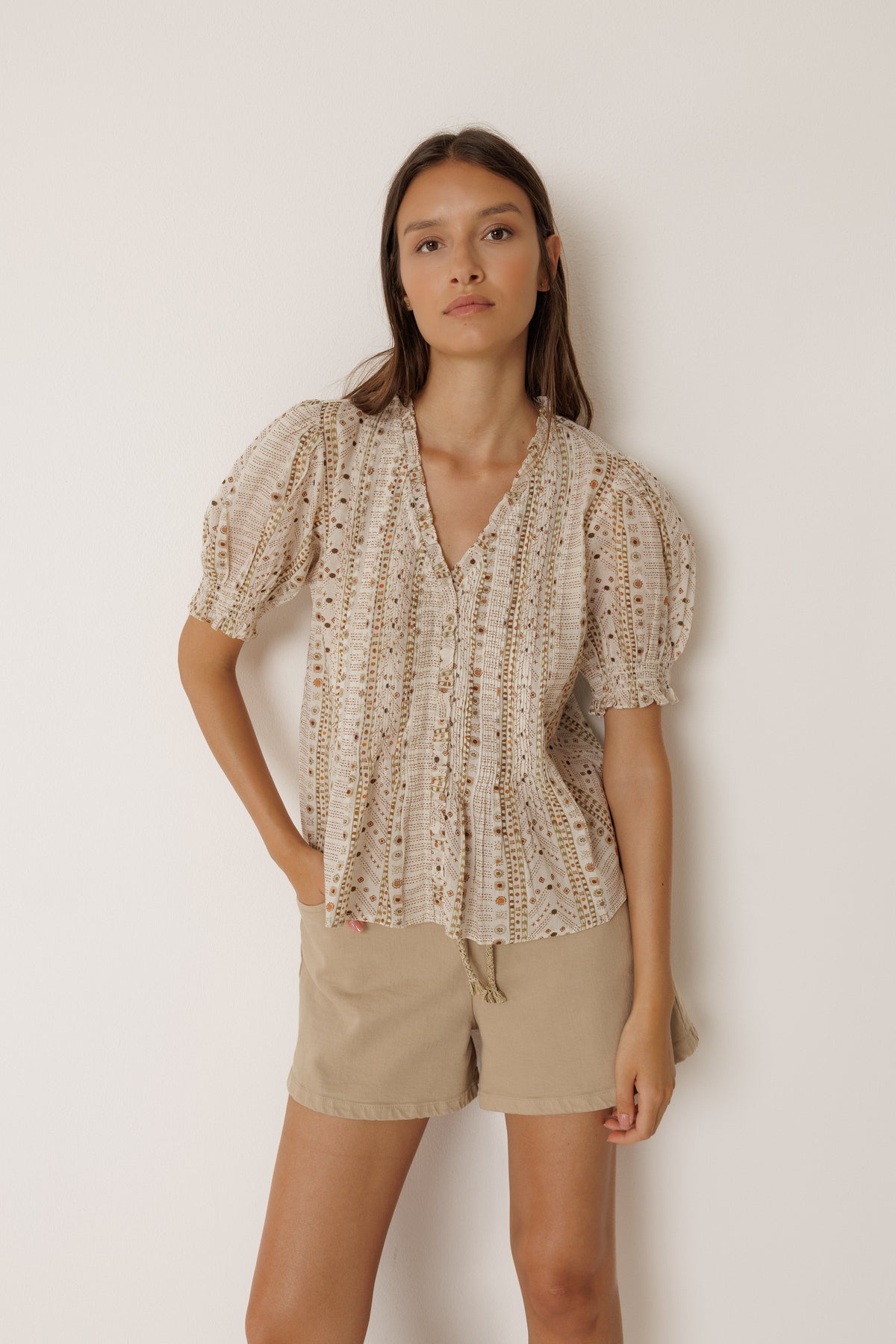 Indi & Cold Micro Ruffle Shirt in Crudo