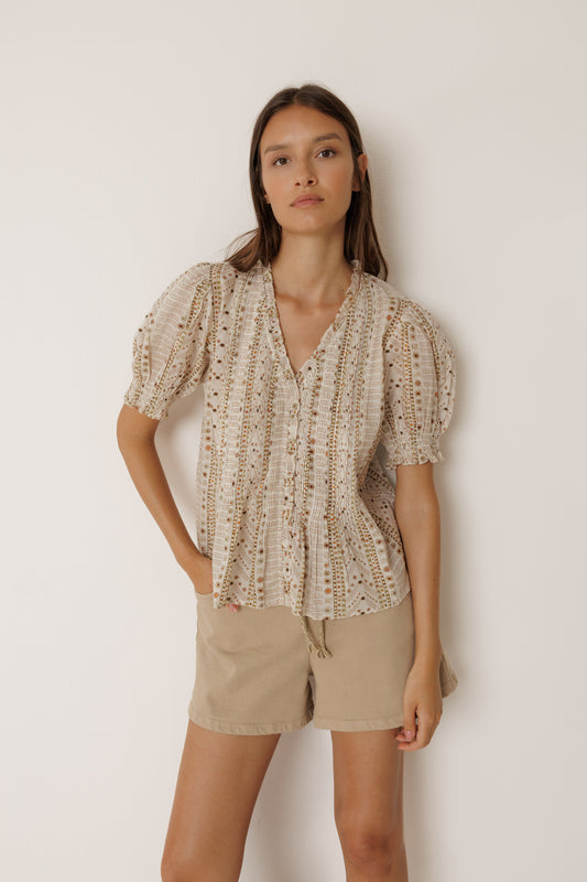 Indi & Cold Micro Ruffle Shirt in Crudo