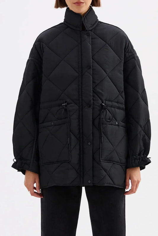 Black quilted puffer coat with drawstring pockets and button front, women's winter fashion