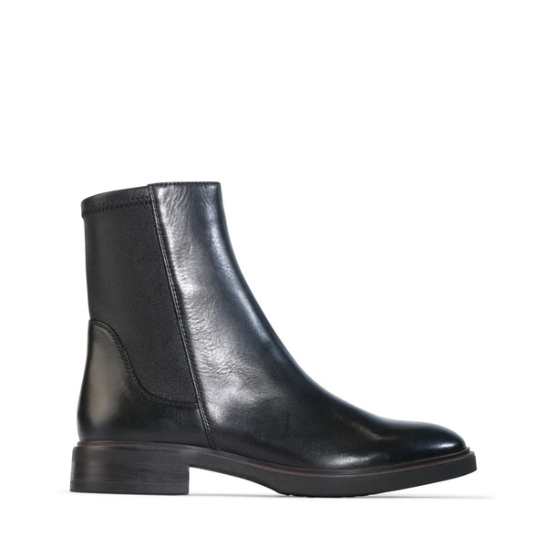 Black leather ankle boot with low heel, side profile on white background