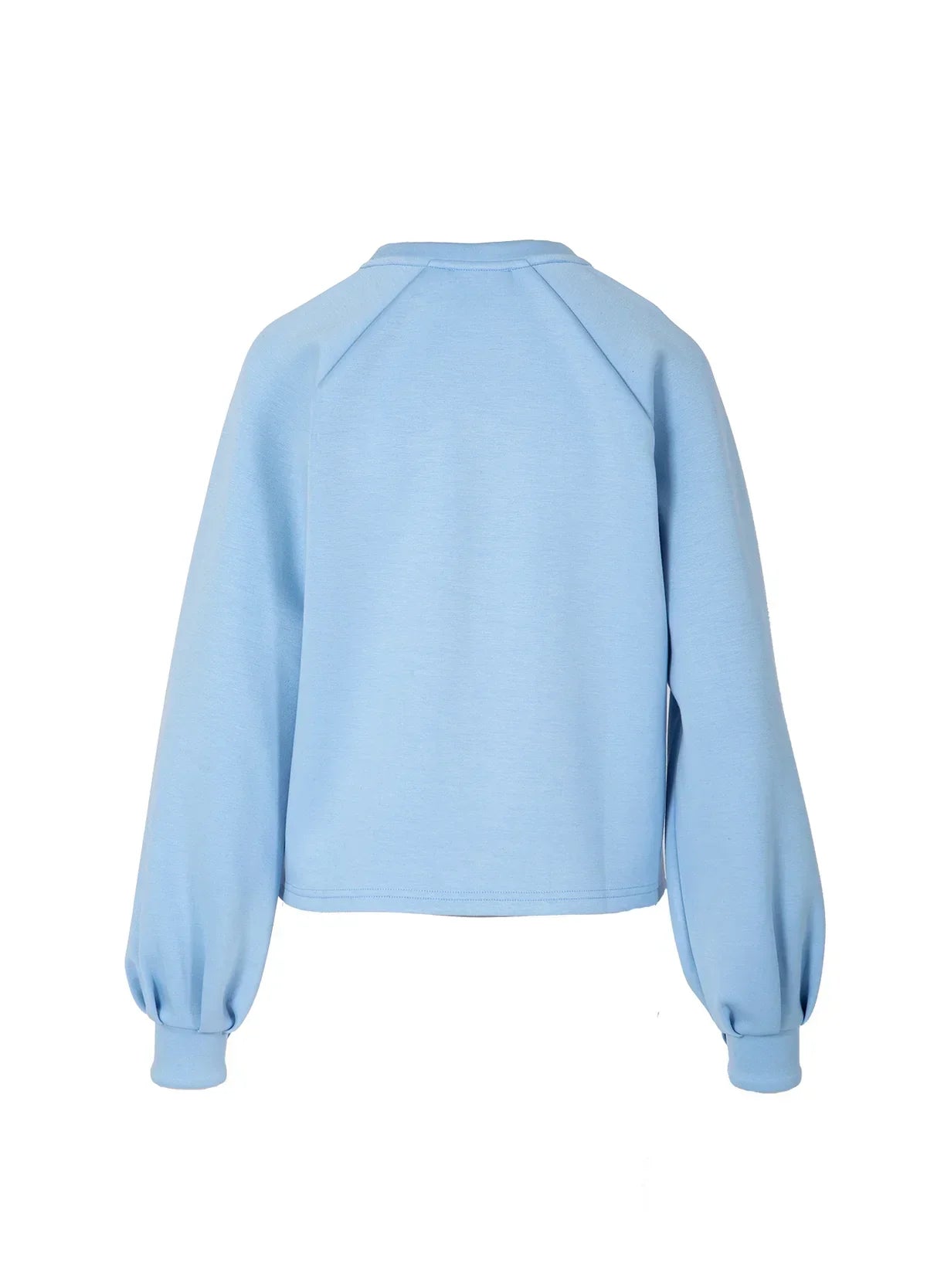 Back view of light blue women's balloon sleeve sweatshirt on white background