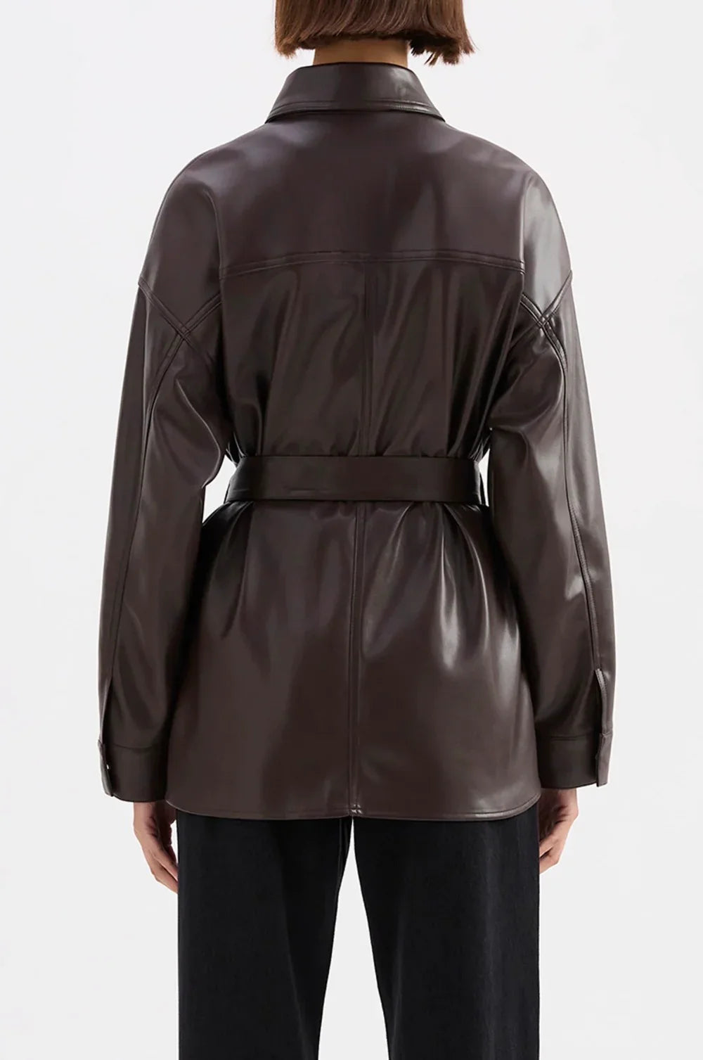 Brown leather jacket with belt, women's fashion