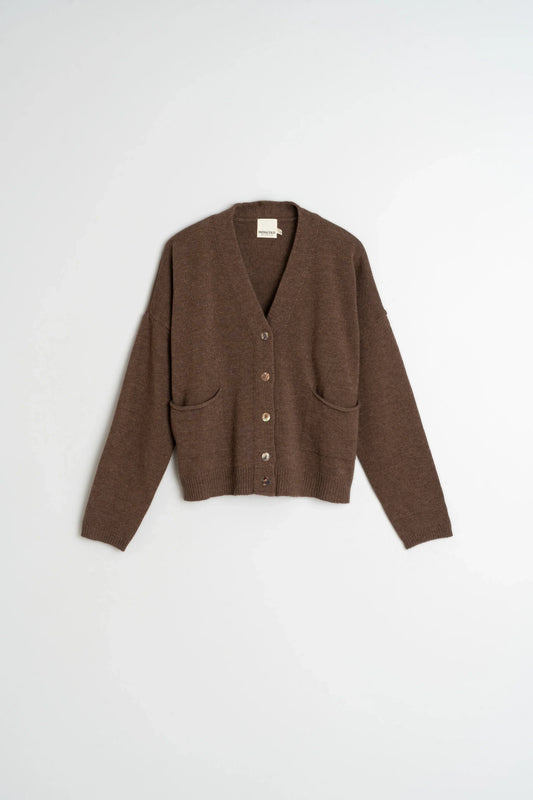 Brown V-neck cardigan with front buttons and pockets, women's fashion