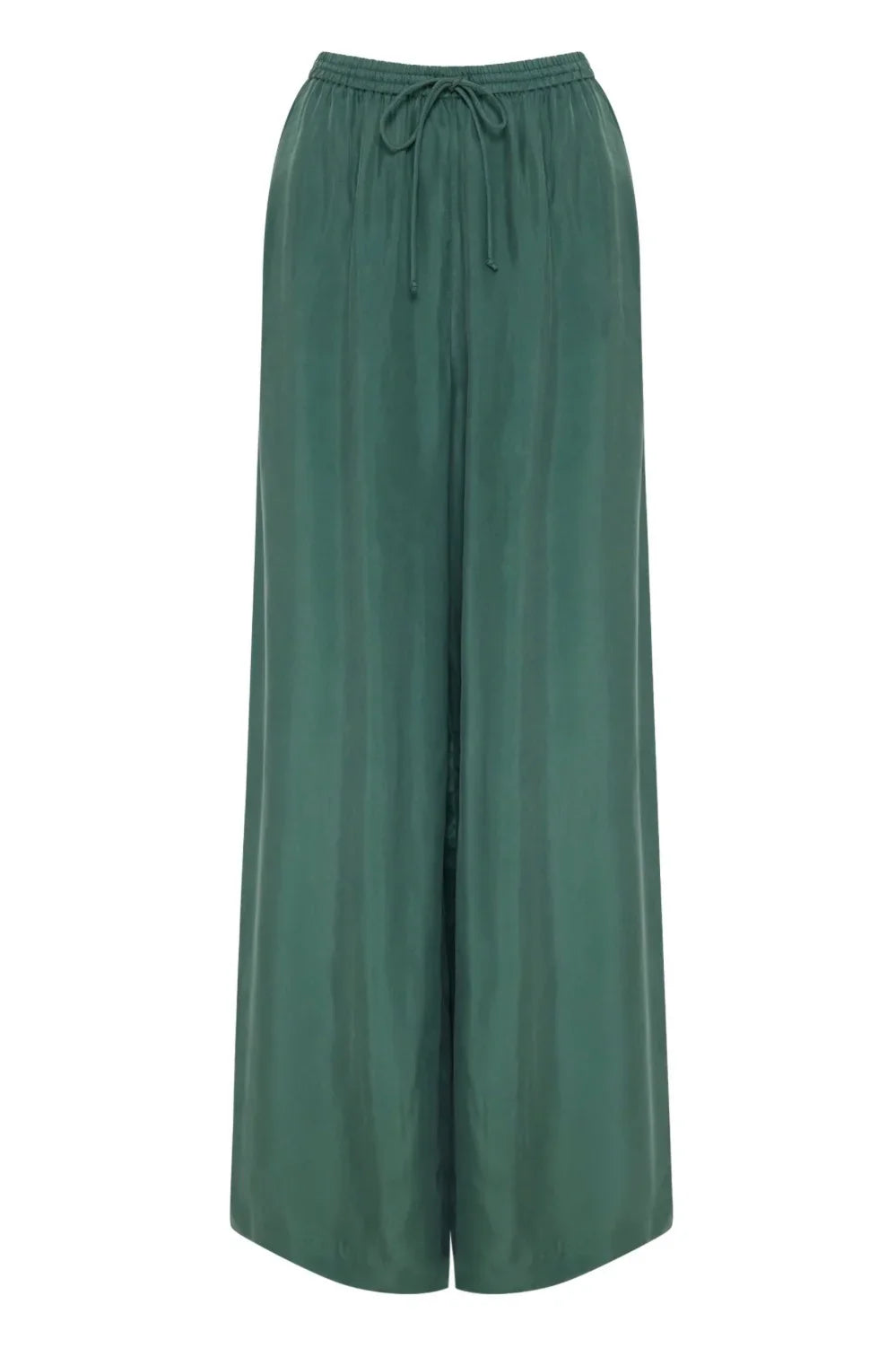 Green wide leg satin pants with elastic waistband and drawstring, women's fashion