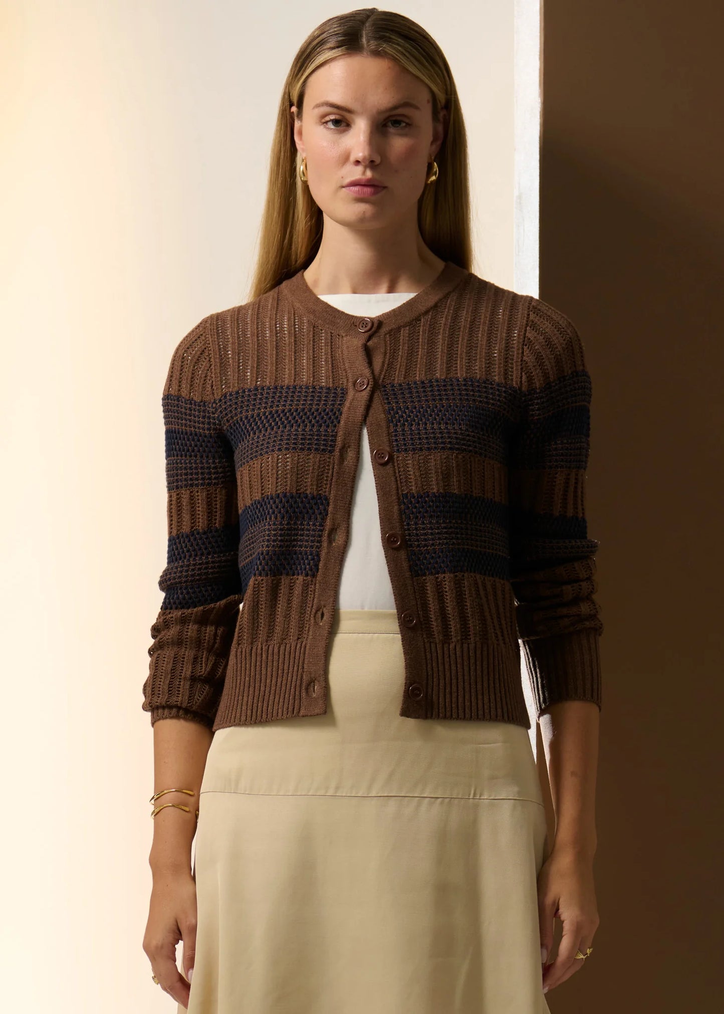 POL Sable Cardigan Striped Choc / Ink