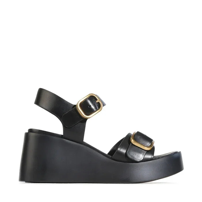 EOS Arias Wedge Sandal in black leather with gold buckles