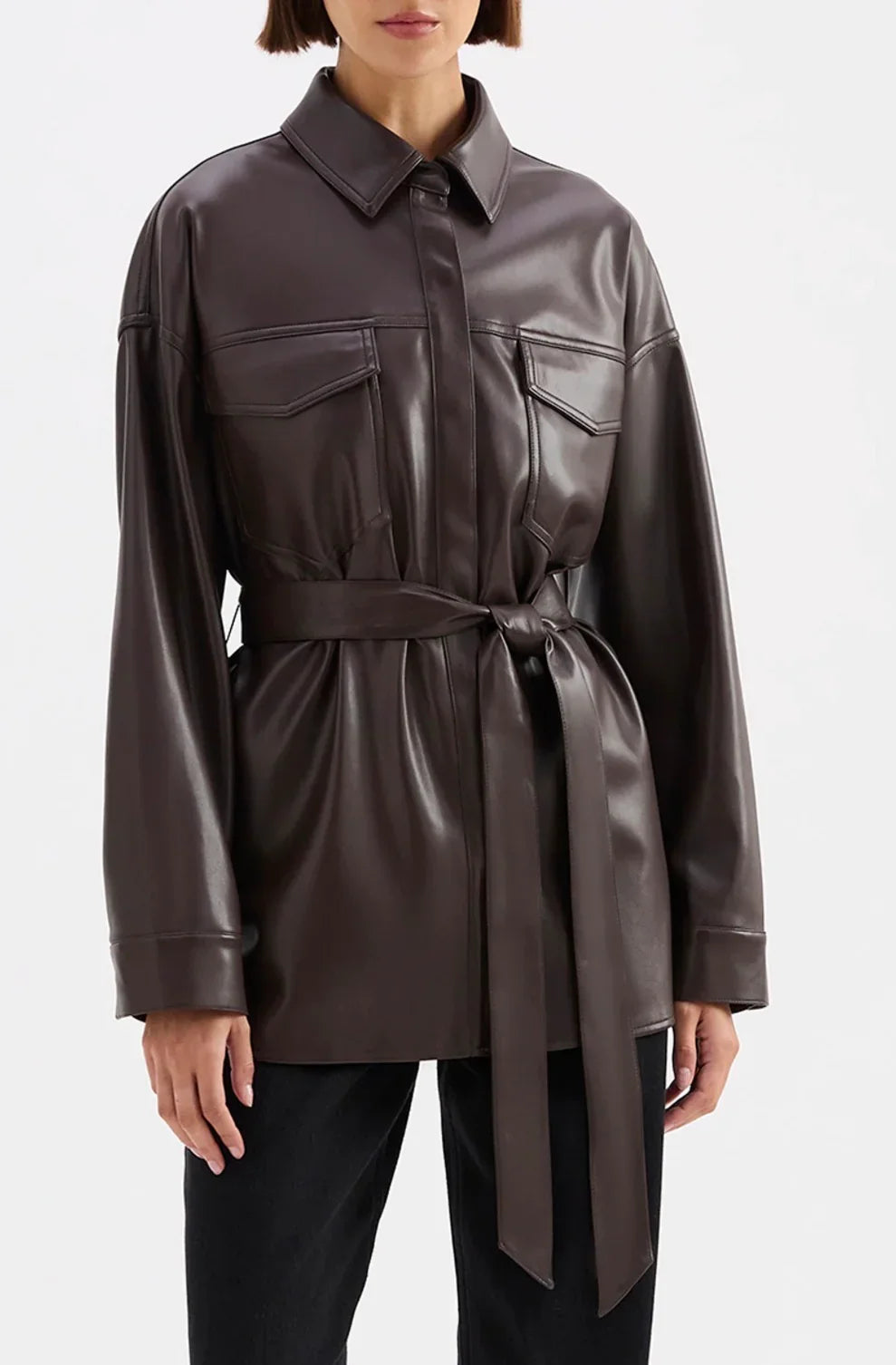 Brown leather shirt jacket with belt, women's fashion