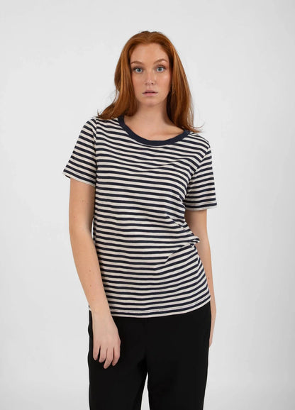 CC Heart Stripe T-Shirt Short Sleeve in Night Sky Blue and Cream