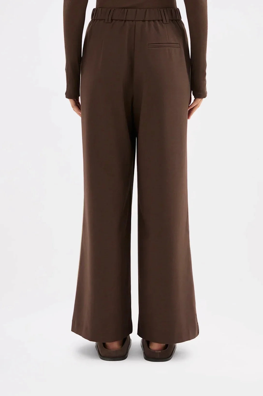 Brown wide-leg trousers with elastic waist, back view, women's fashion