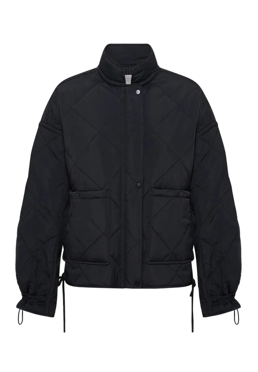 Black quilted puffer jacket with drawstring cuffs and front pockets, women's fashion