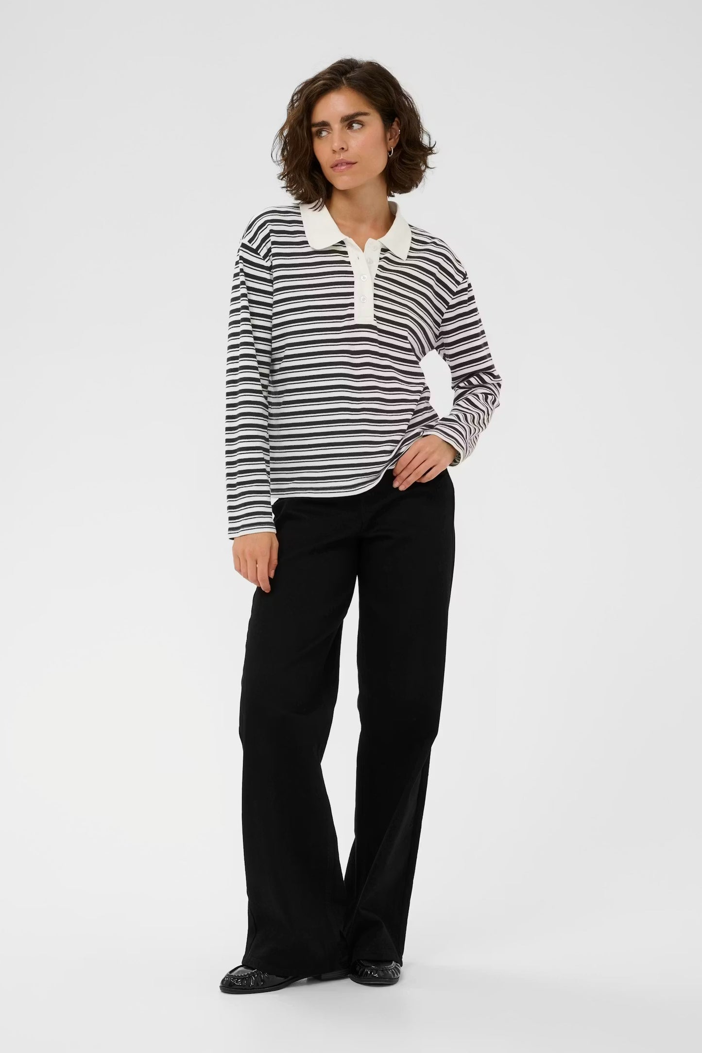 Kaffe KAmiala Polo L/S T-Shirt Black and White Stripe
