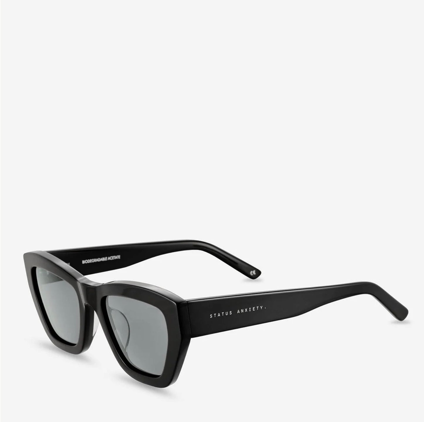 Black cat-eye sunglasses with 'STATUS ANXIETY.' branding, sleek modern design for everyday style