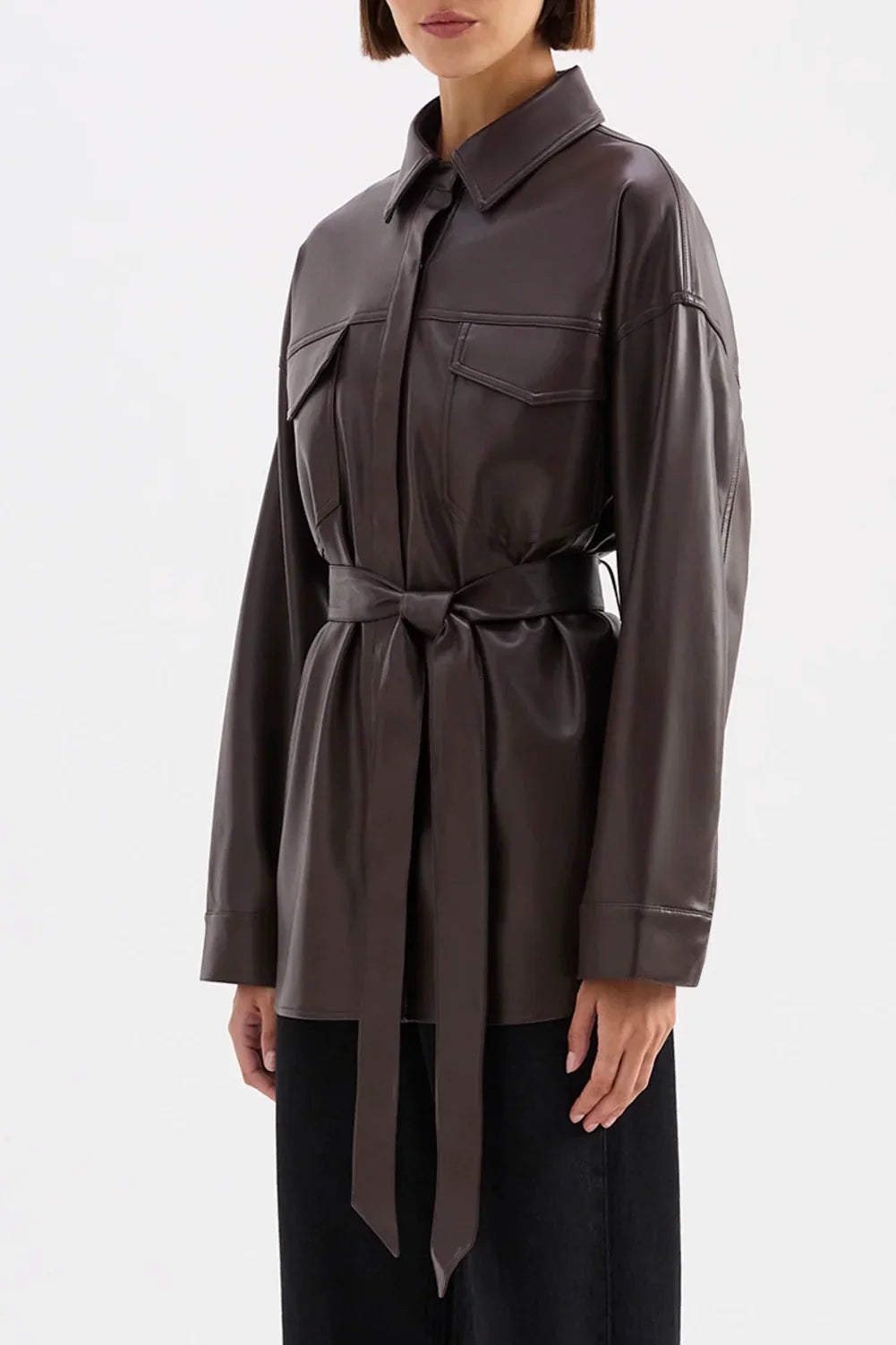 Brown leather shirt dress with belt, women's fashion
