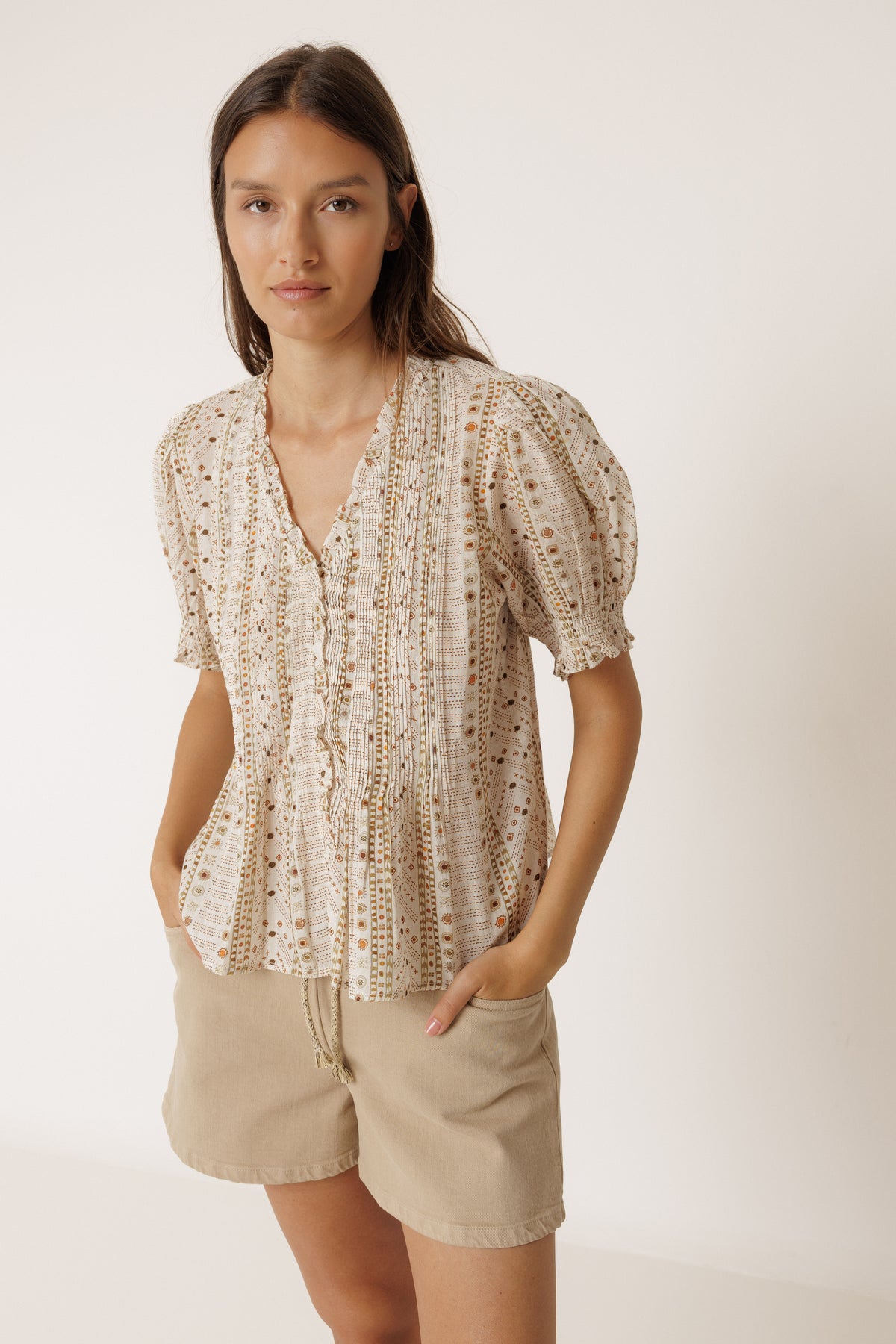 Indi & Cold Micro Ruffle Shirt in Crudo
