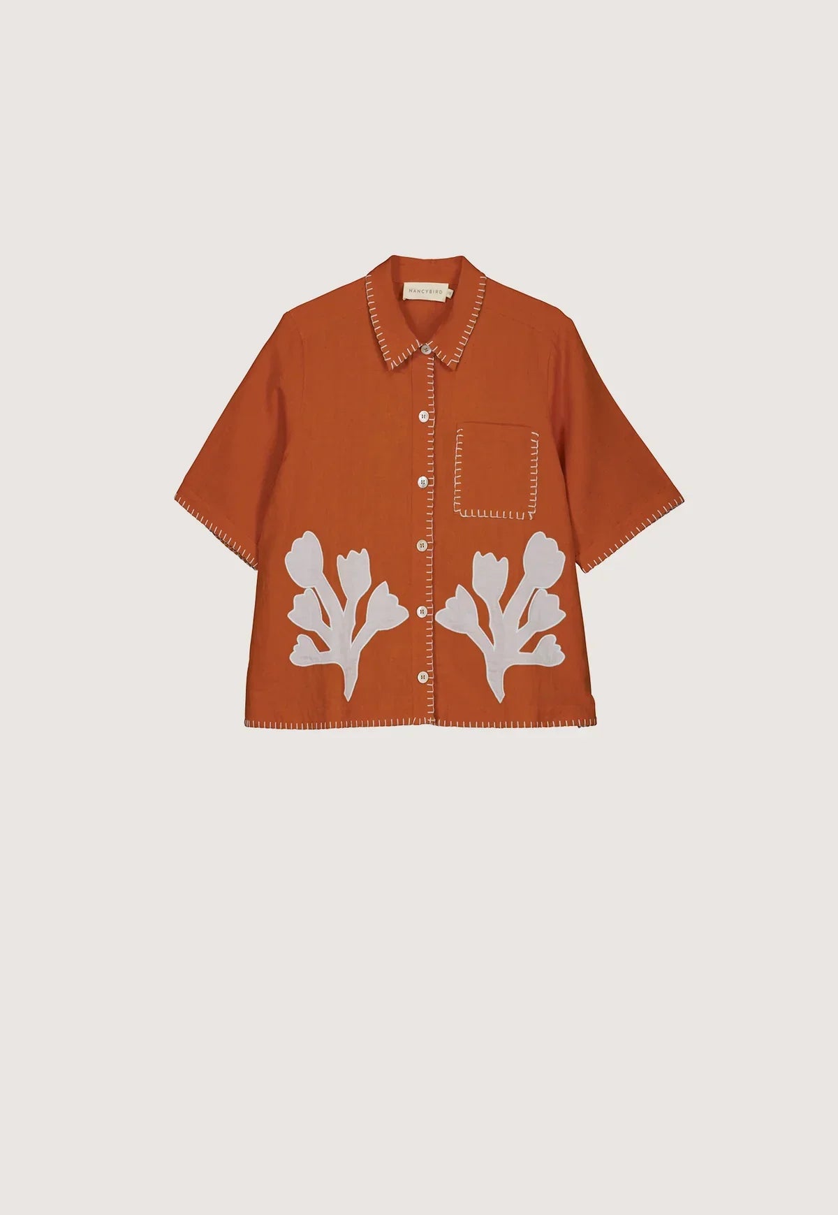 NANCYBIRD Summer Shirt in Blossom Appliqué in burnt orange with white floral details