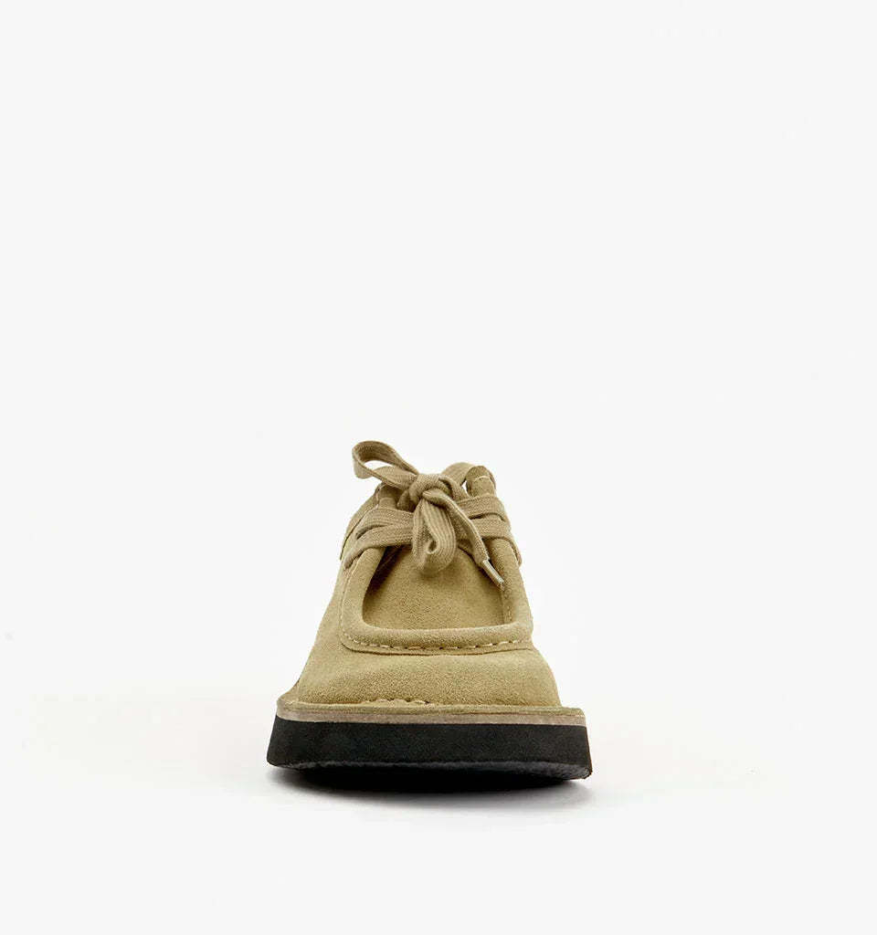 Beige suede lace-up shoe with black sole, stylish women's fashion footwear