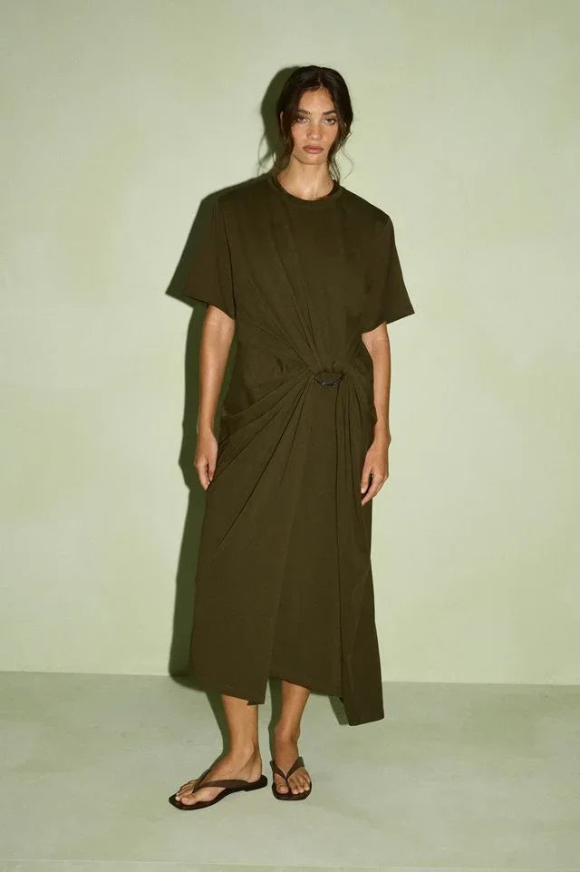Model wearing STAPLE THE LABEL Tovae Draped Midi Tee Dress in olive green