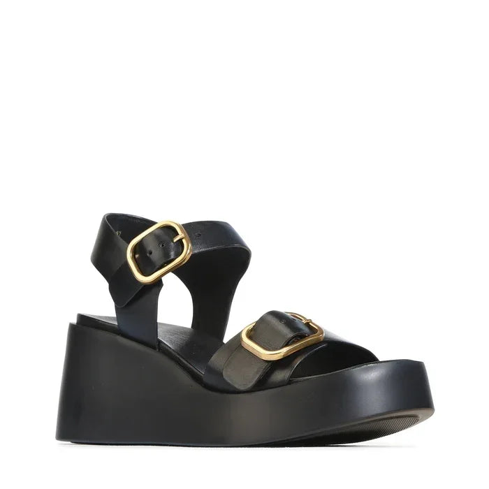 EOS Arias Wedge Sandal in black leather with gold buckle detailing