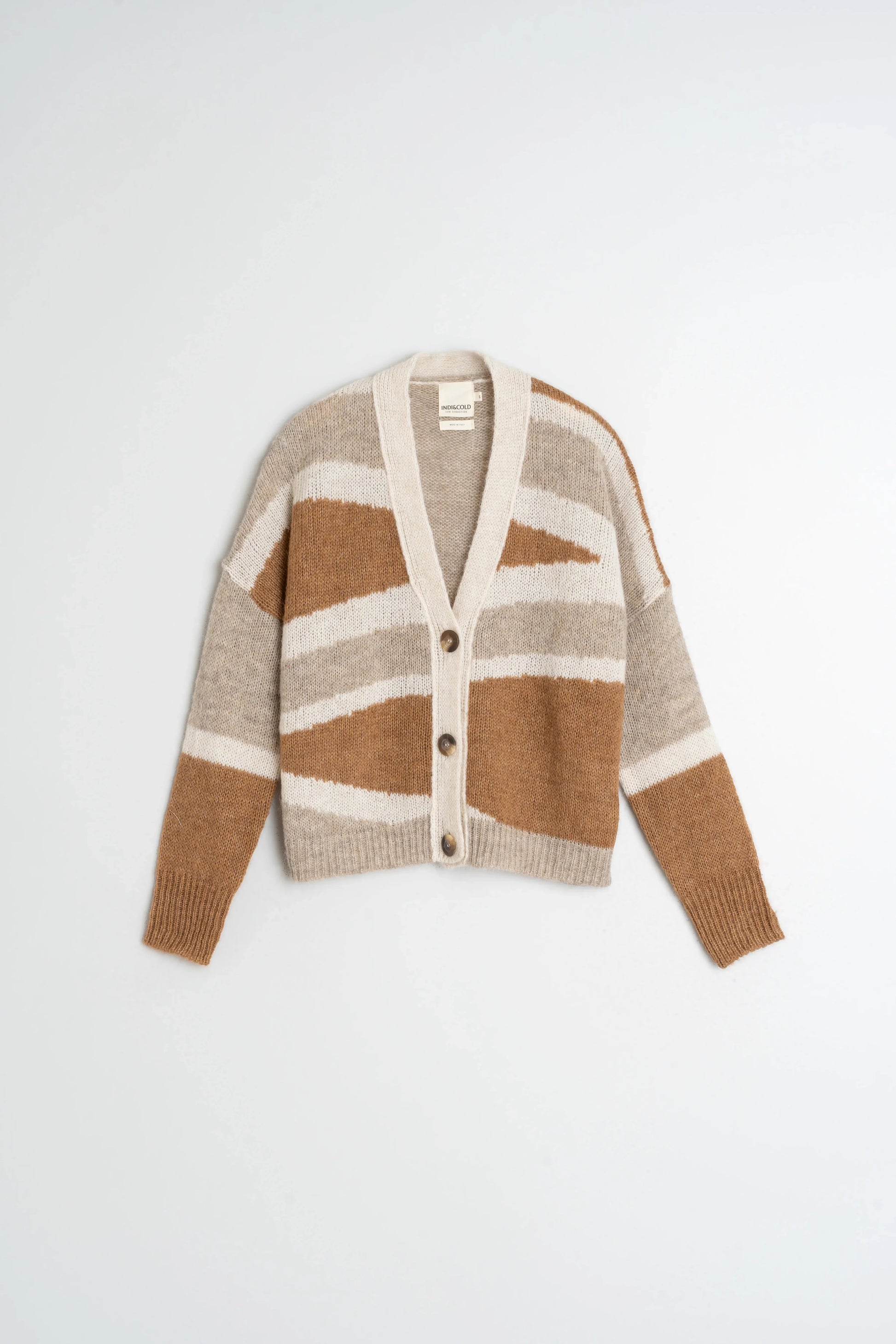 Striped knit cardigan in beige and brown tones, featuring button closure and cozy texture