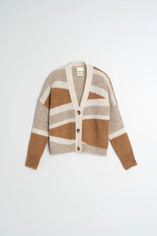 Striped knit cardigan in beige and brown tones, featuring button closure and cozy texture