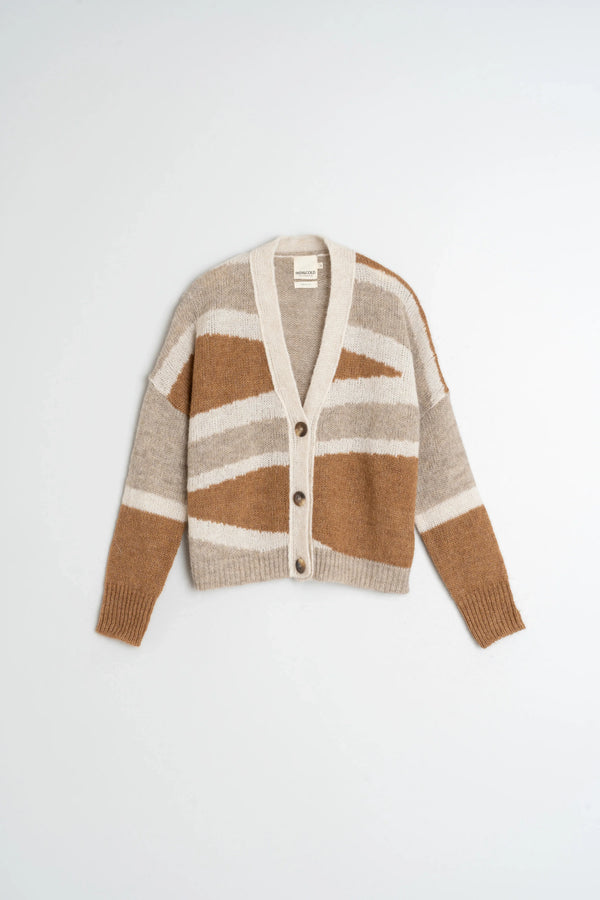 Striped knit cardigan in beige and brown tones, featuring button closure and cozy texture