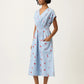 Nancybird Hana Wrap Dress in Blue with Red Motif Embroidery