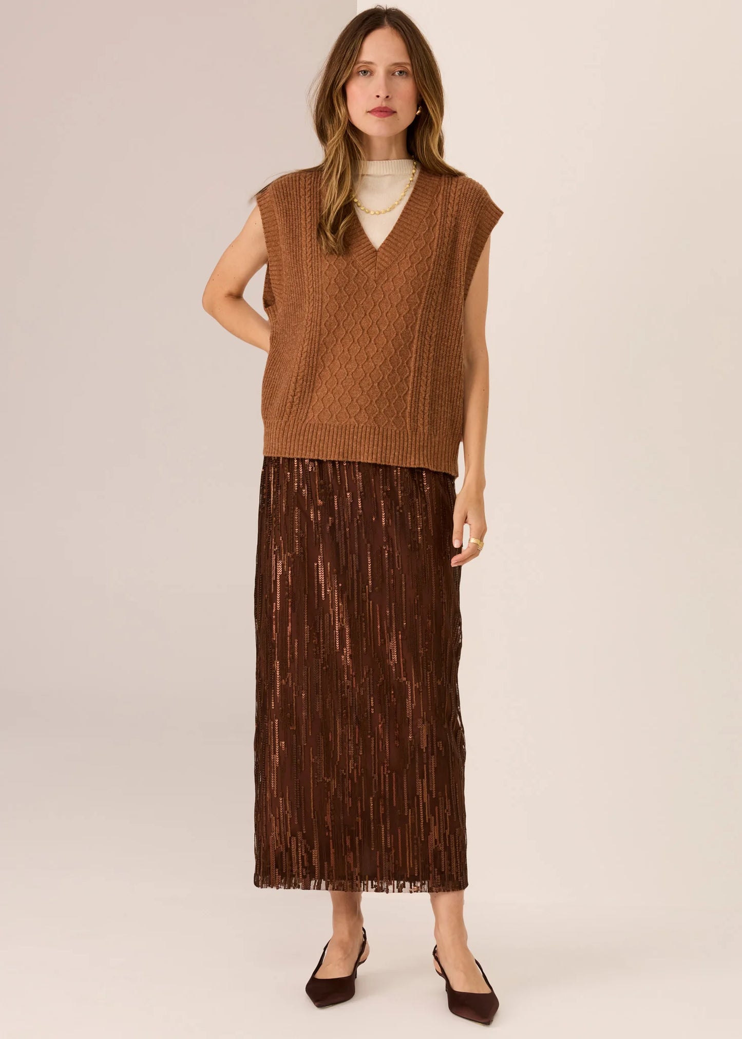 POL Loren Cable Vest Toffee