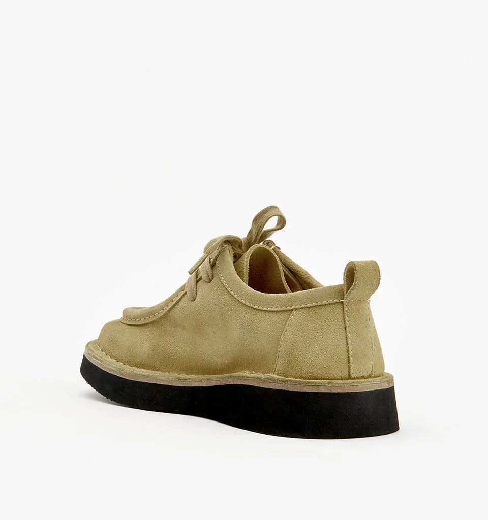 Beige suede lace-up shoes with chunky black sole, stylish women's footwear