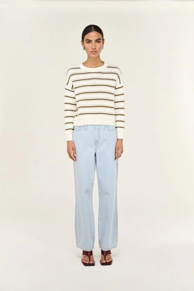 Striped knit sweater with light blue jeans and brown sandals
