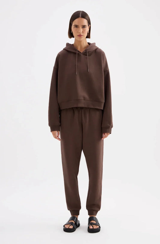 Brown oversized hoodie and jogger set with black sandals, women's casual fashion