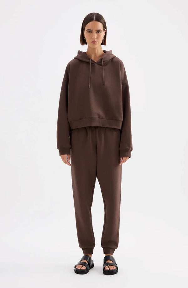 Brown oversized hoodie and jogger set with black sandals, women's casual fashion